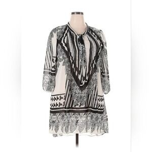 Ice Silk Tunic Top Womens 1XL Black White Geometric Sheer Tie Neck High Low Hem